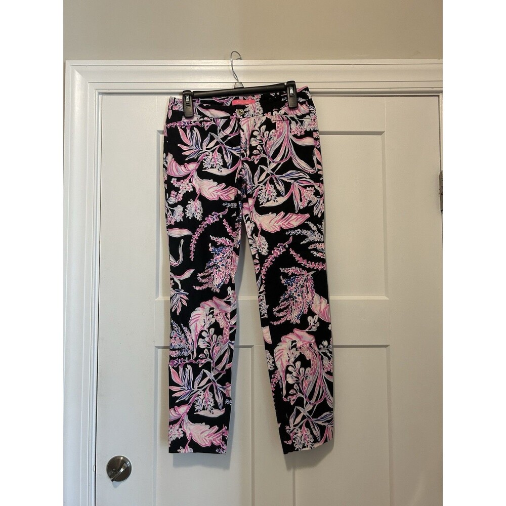 Lilly Pulitzer Kelly Ankle Pant Onyx Wild One Floral Size 2 Preppy Beach Resort